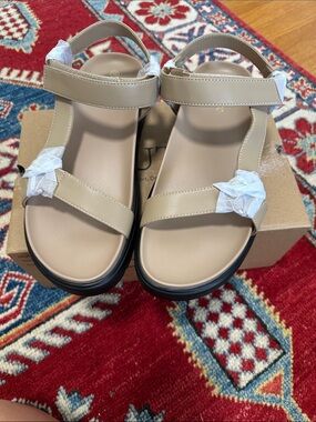 Women's Beige Comfort-Strap Sandals with Cushioned Footbed